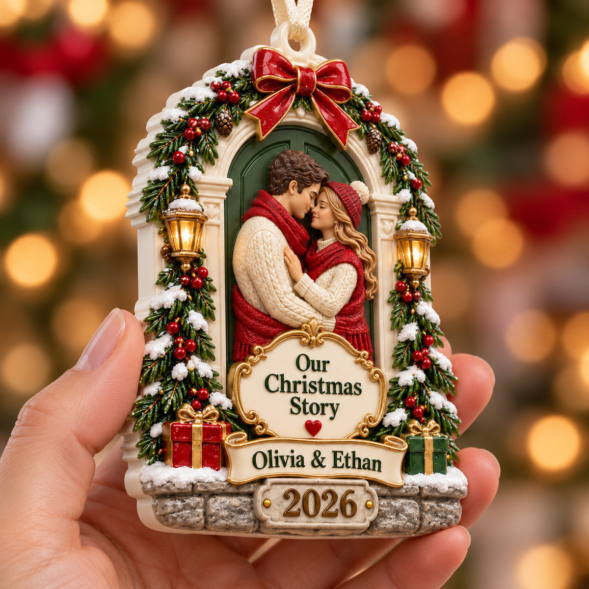 Winter Couple Holiday Doorway Plaque with Ribbon - 3D Relief Ornament