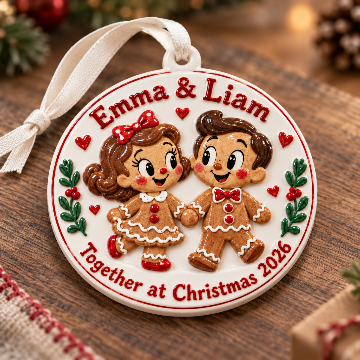 Gingerbread Couple Round Ceramic Christmas Keepsake Medallion - 3D Relief Ornament