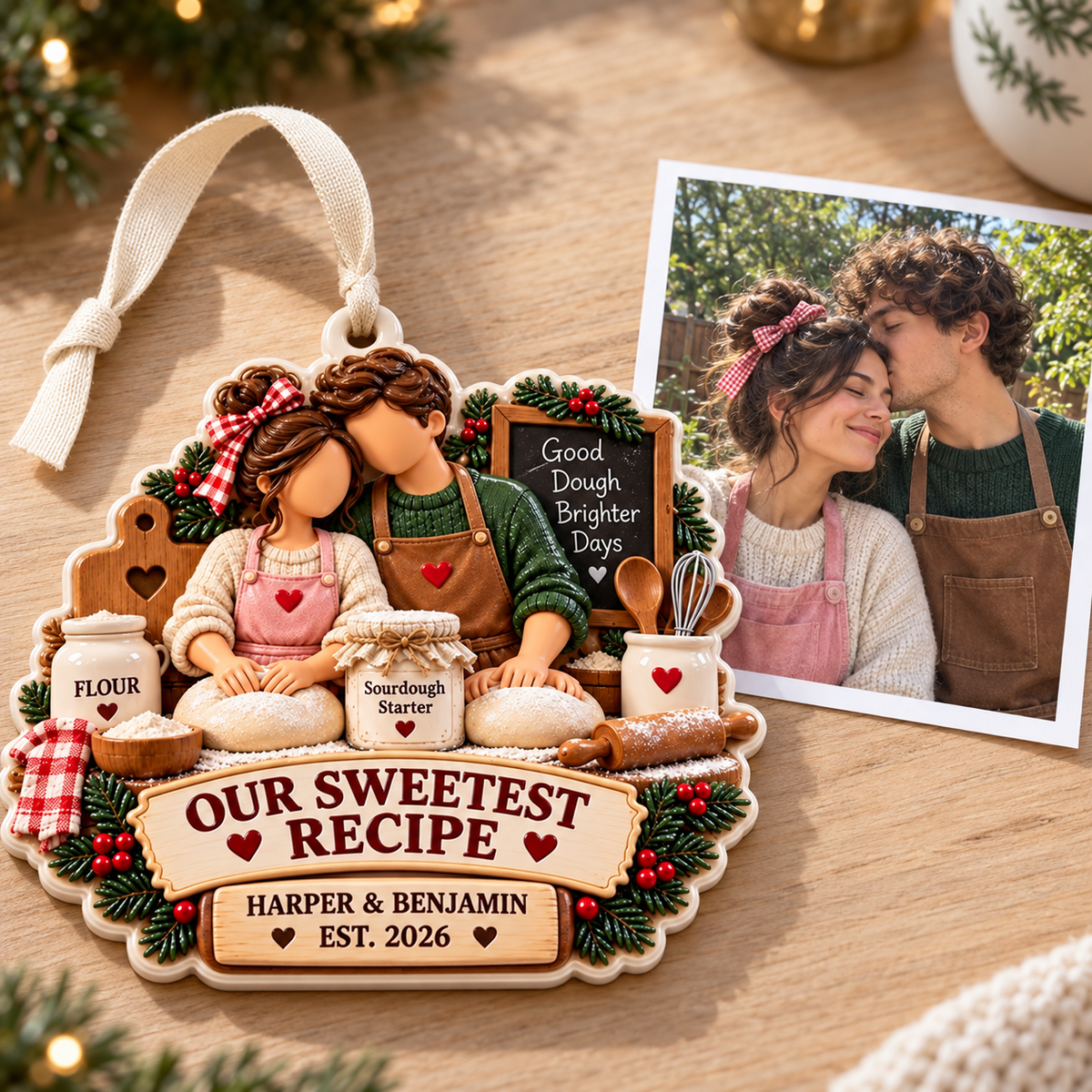 Baking Couple Holiday Keepsake with Sourdough Bread Kitchen Motif - 3D Relief Ornament