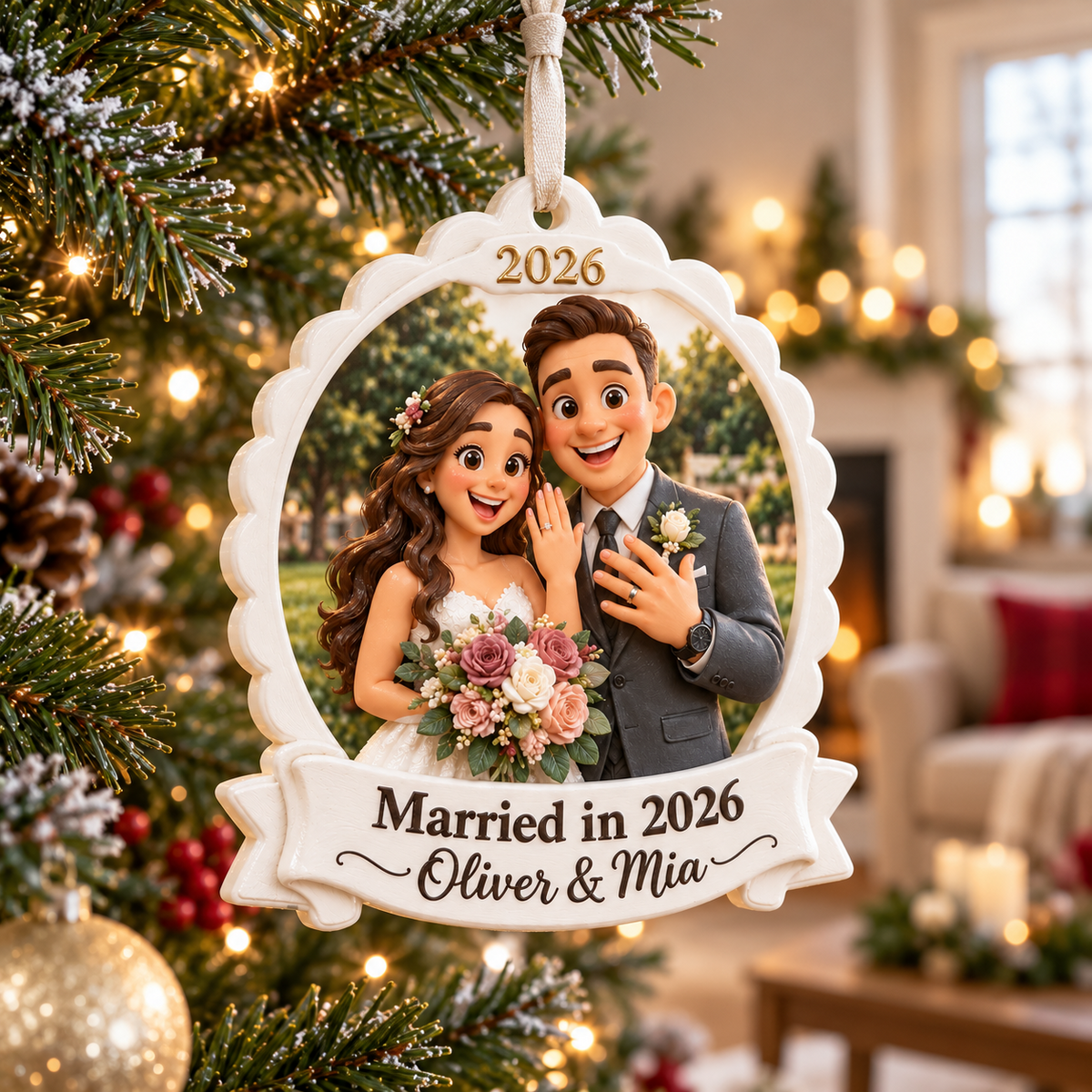 Cartoon Wedding Couple Scalloped Frame Hanging Keepsake - 3D Relief Ornament