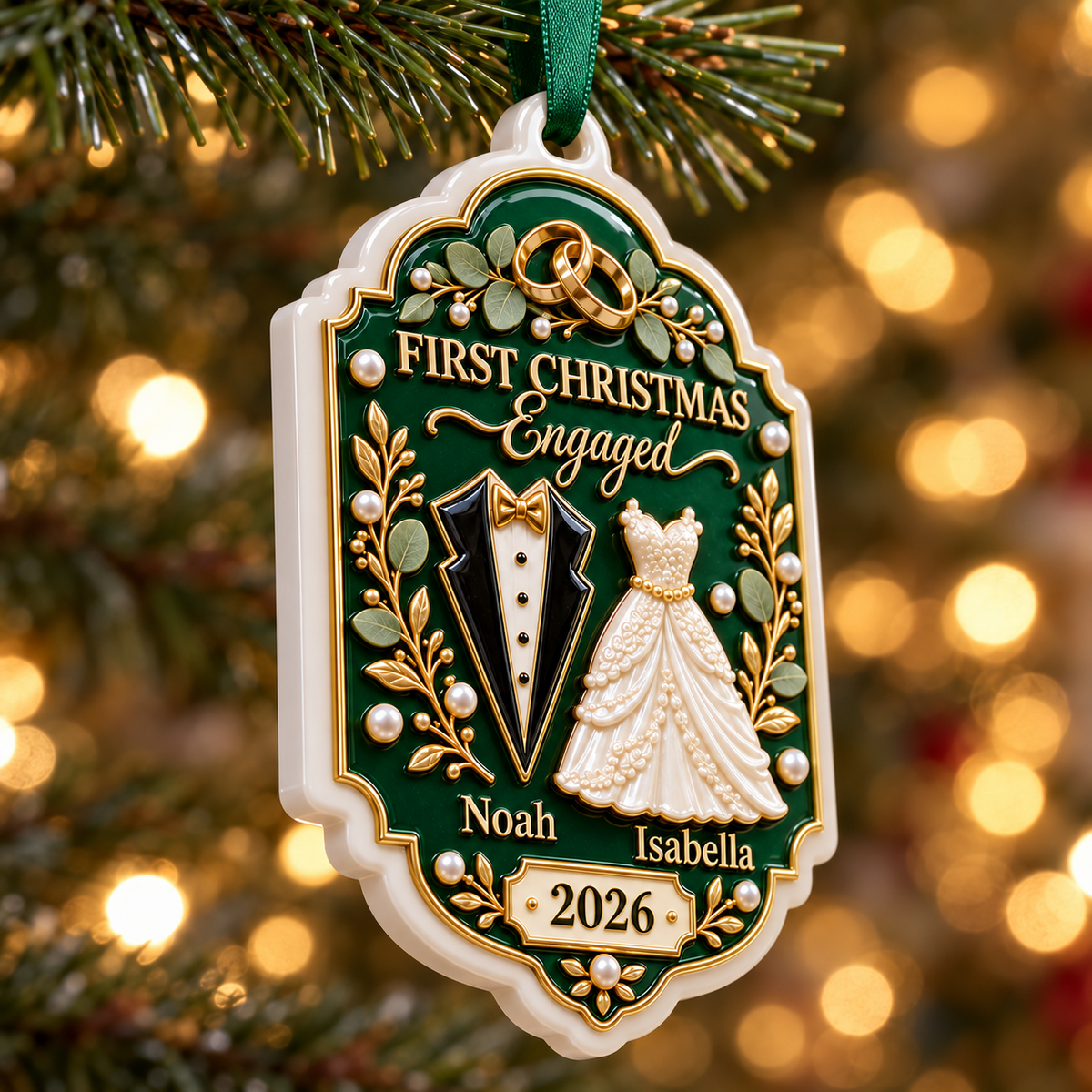 First Christmas Engaged Couple Plaque Emerald Green Tuxedo Gown Keepsake - 3D Relief Ornament