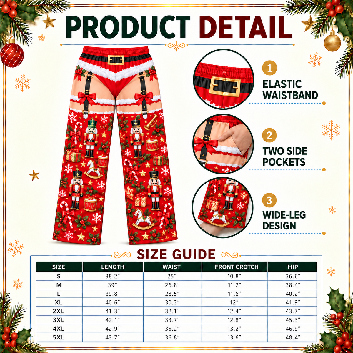 Christmas Pajama Pants Novelty Holiday Garter Print Lounge Trousers