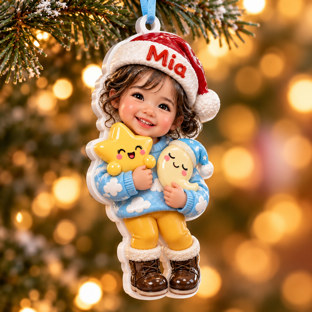 Baby Girl in Santa Hat with Star and Moon Acrylic Holiday Keepsake - 3D Relief Ornament
