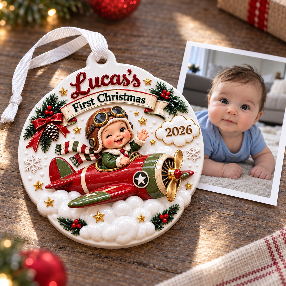 Baby First Christmas Aviator Pilot Red Airplane Holiday Tree Medallion - 3D Relief Ornament