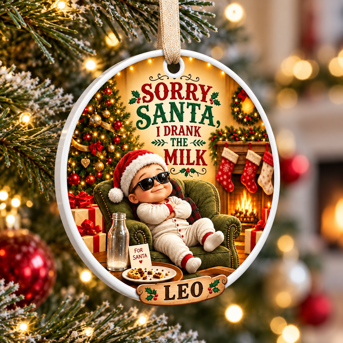 Baby In Sunglasses Sorry Santa I Drank The Milk Round Holiday Keepsake - 3D Relief Ornament