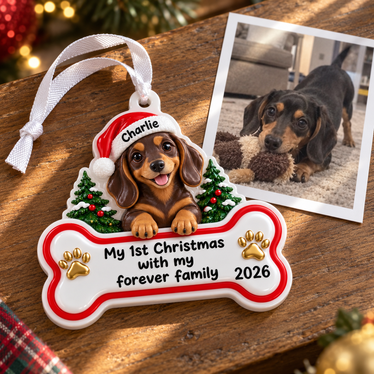 Dachshund Puppy First Christmas Dog Bone Hanging Holiday Tree Plaque - 3D Relief Ornament