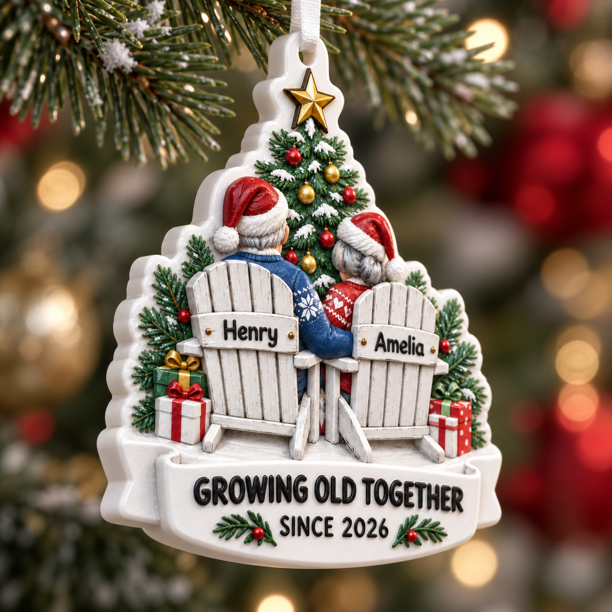 Christmas Tree Hanging Decor Growing Old Together Couple in Adirondack Chairs - 3D Relief Ornament