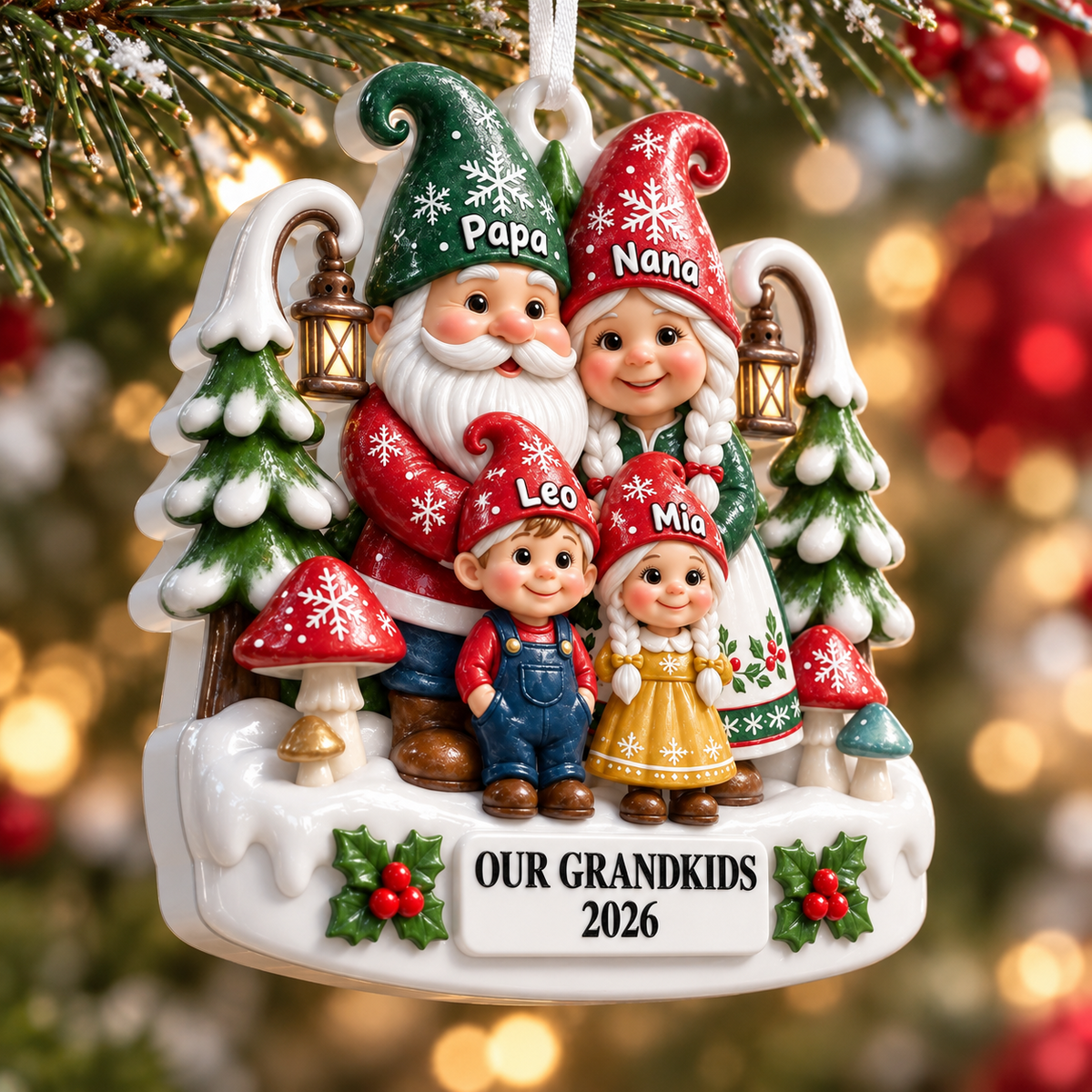 Snowy Woodland Pine Trees and Lanterns Winter Picture Frame - 3D Relief Ornament