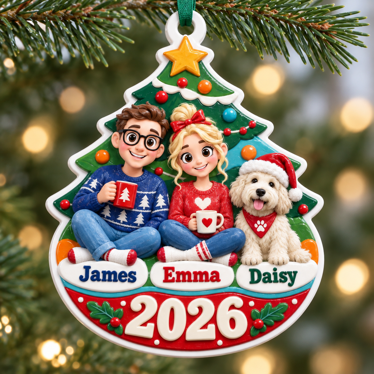Couple with Pet Dog by Christmas Tree Holiday Keepsake Plaque - 3D Relief Ornament
