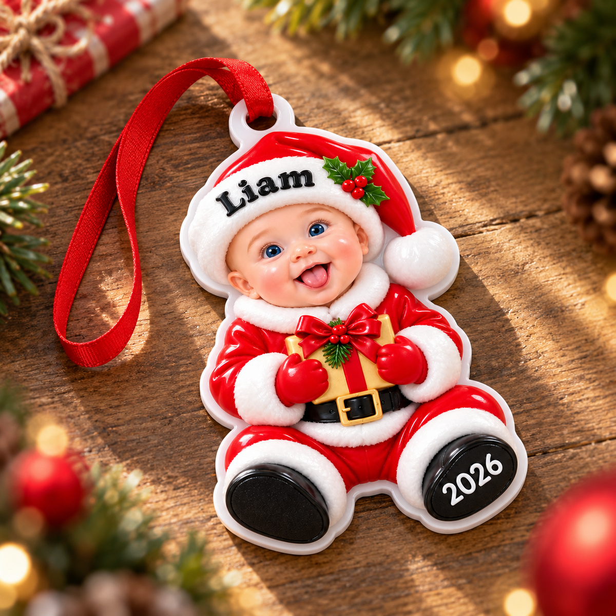 Red Santa Hat and Gold Gift Box Christmas Picture Frame Hanging Decor - 3D Relief Ornament