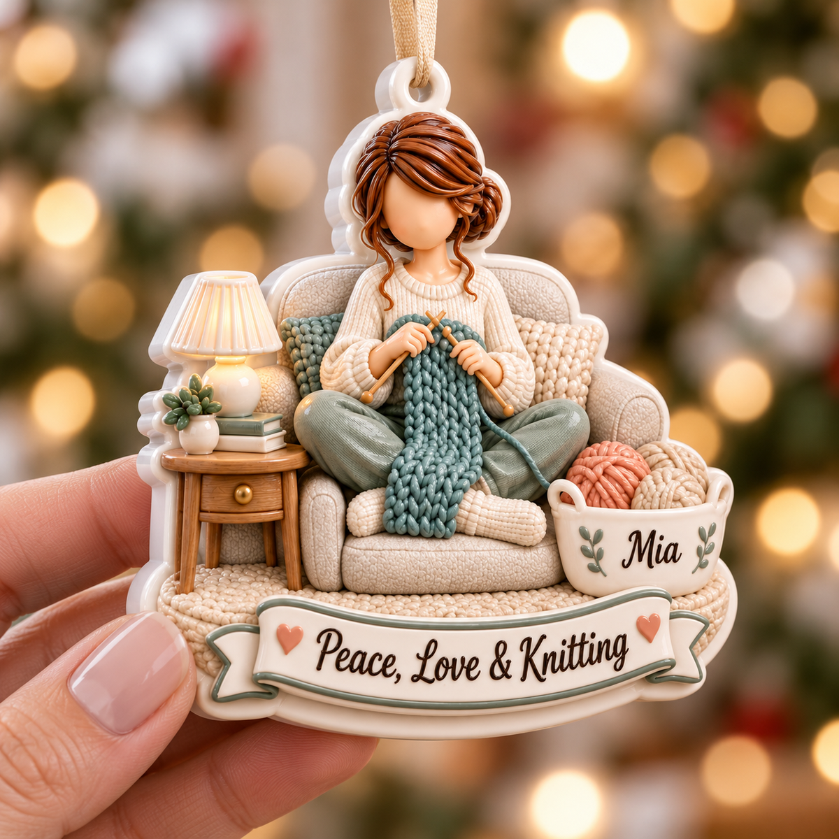 Woman Knitting in Armchair Holiday Keepsake with Yarn Basket - 3D Relief Ornament
