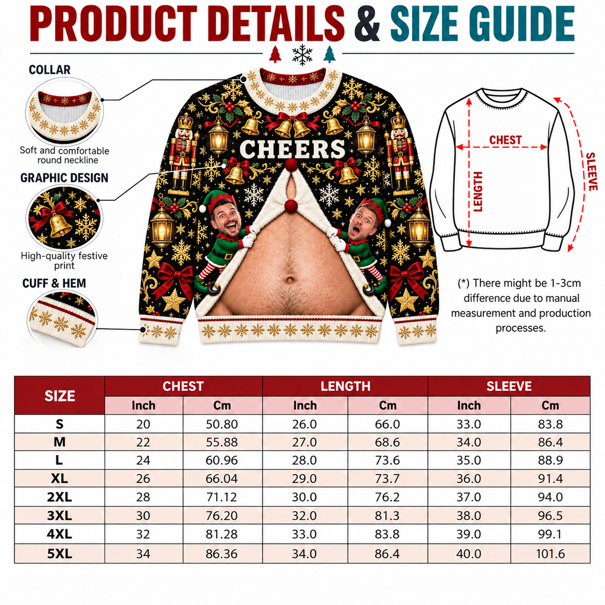 Christmas Sweatshirt with Hairy Belly Illusion Holiday Pullover