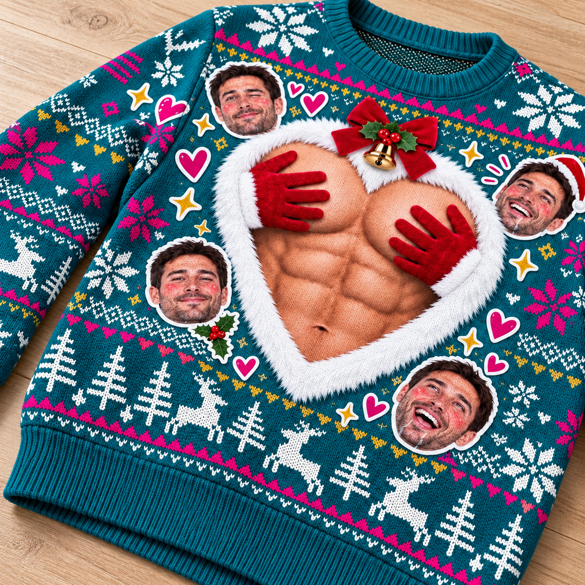 Funny Ugly Christmas Sweater Muscular Chest Heart Graphic Pullover