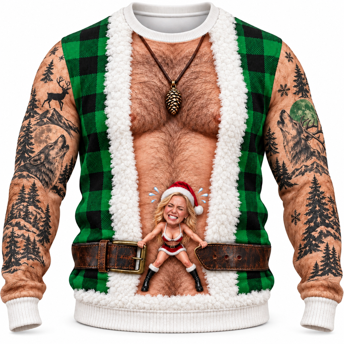 Funny Christmas Sweatshirt Hairy Chest Plaid Vest Tattoo Graphic