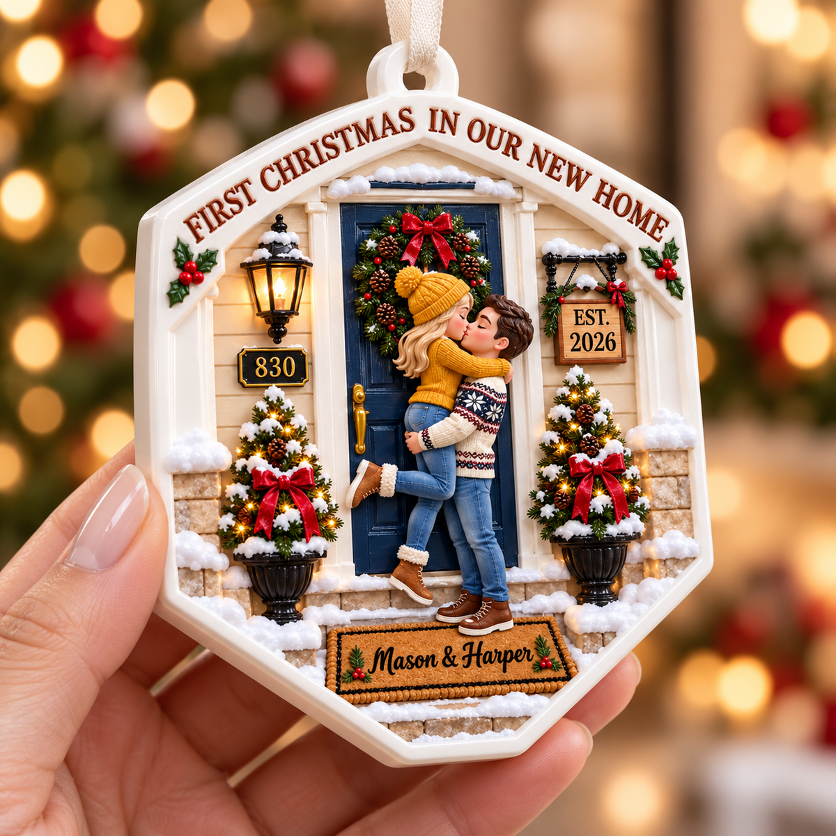 First Christmas in Our New Home Front Porch Couple Plaque - 3D Relief Ornament