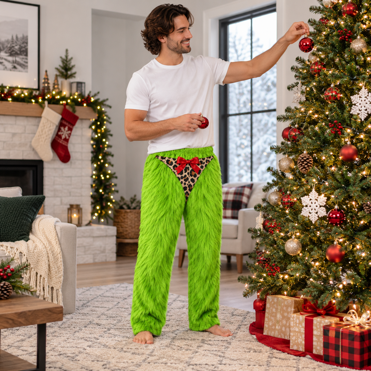 Mens Novelty Christmas Pajama Pants Faux Fur Print Holiday Loungewear
