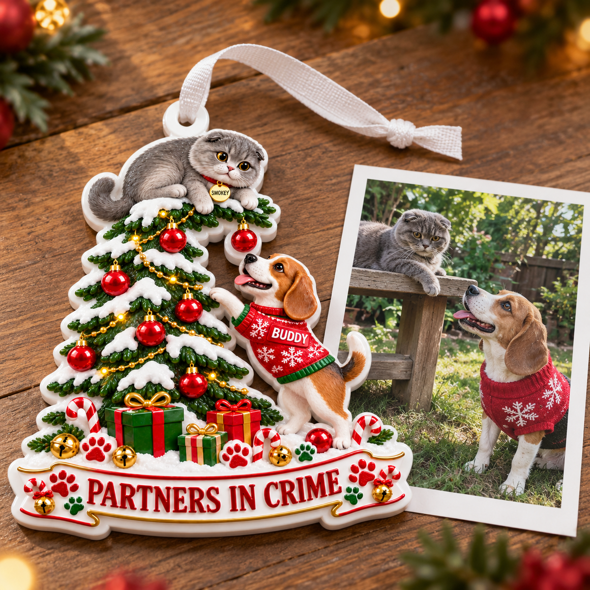 Dog and Cat Partners in Crime Christmas Tree Holiday Keepsake - 3D Relief Ornament