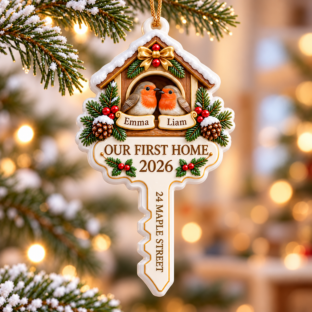House Key First Home Robin Birds Nest Holiday Tree Keepsake - 3D Relief Ornament
