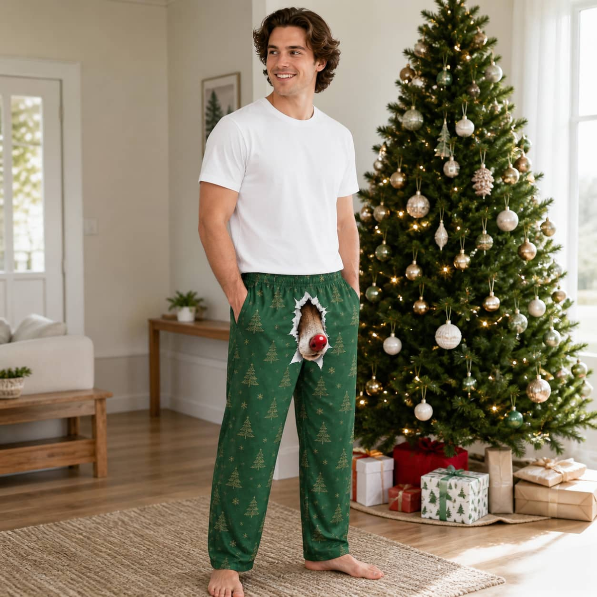 Mens Christmas Pajama Pants Red Plaid 3D Reindeer Nose Holiday Bottoms