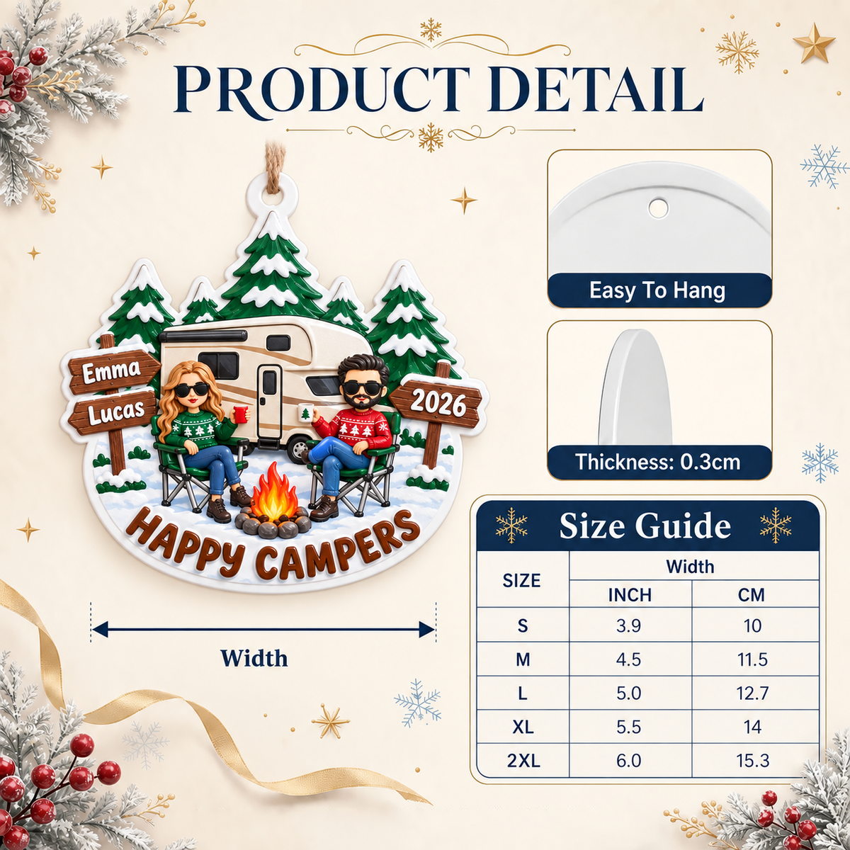 Holiday Tree Hanging RV Couple Campfire Winter Pine Forest Decor - 3D Relief Ornament