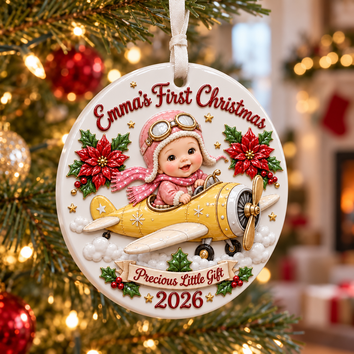 Baby Pilot in Yellow Airplane Holiday Keepsake Disc - 3D Relief Ornament