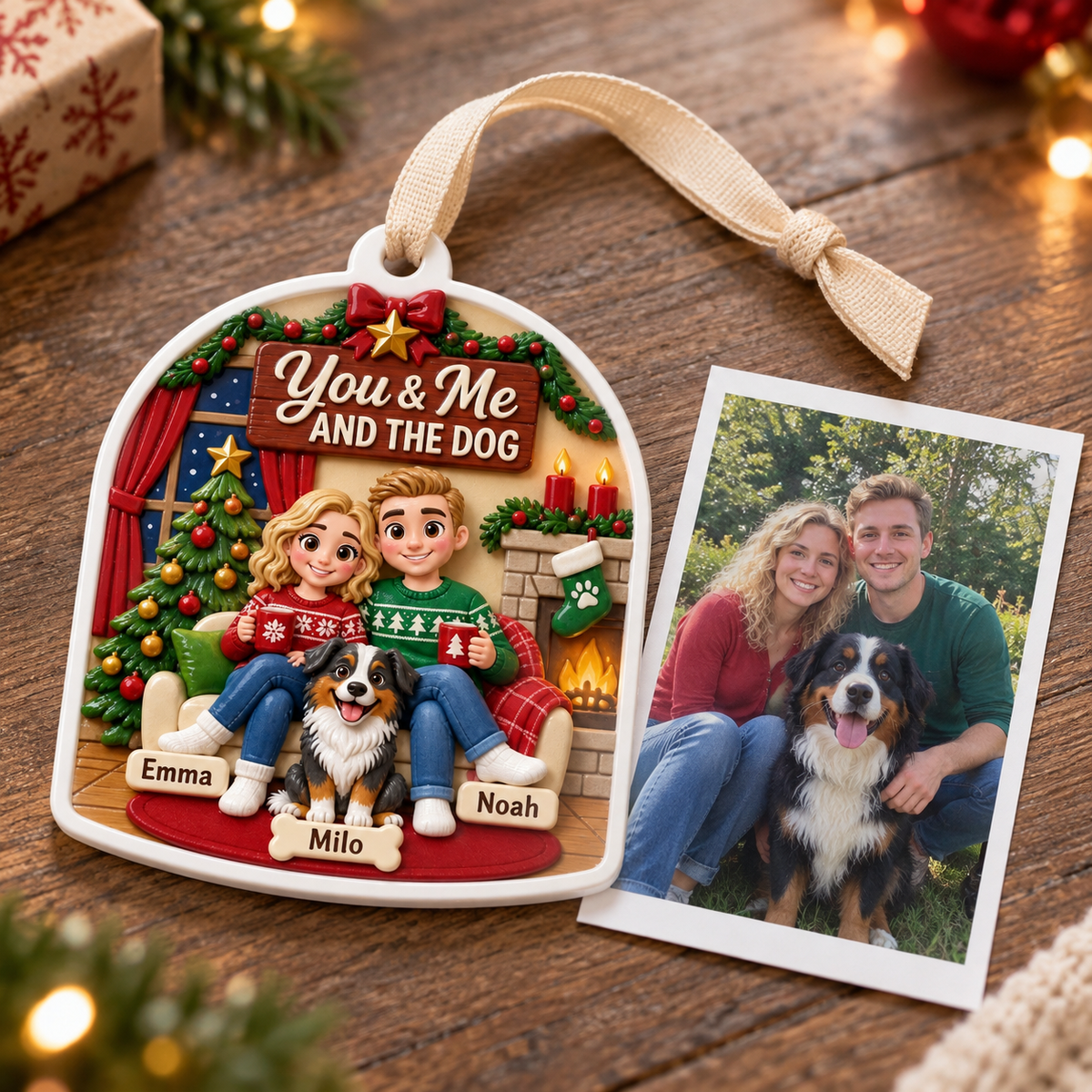 Couple and Dog Christmas Tree Decoration, Arched Fireplace Scene - 3D Relief Ornament