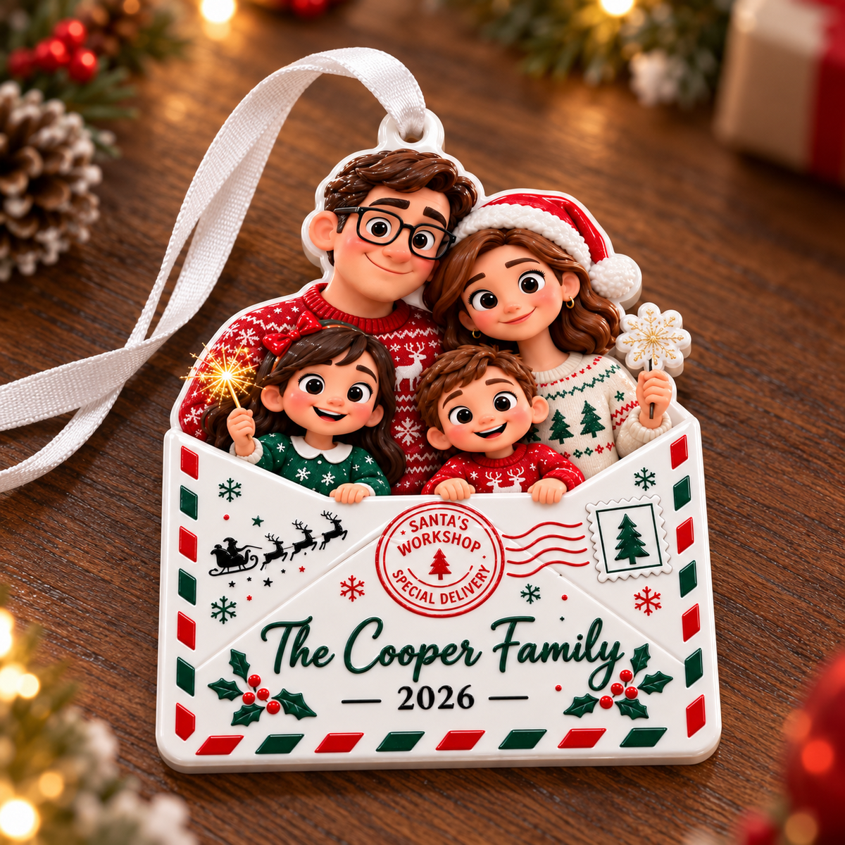 Cartoon Family of Four in Christmas Letter Envelope Hanging Keepsake - 3D Relief Ornament