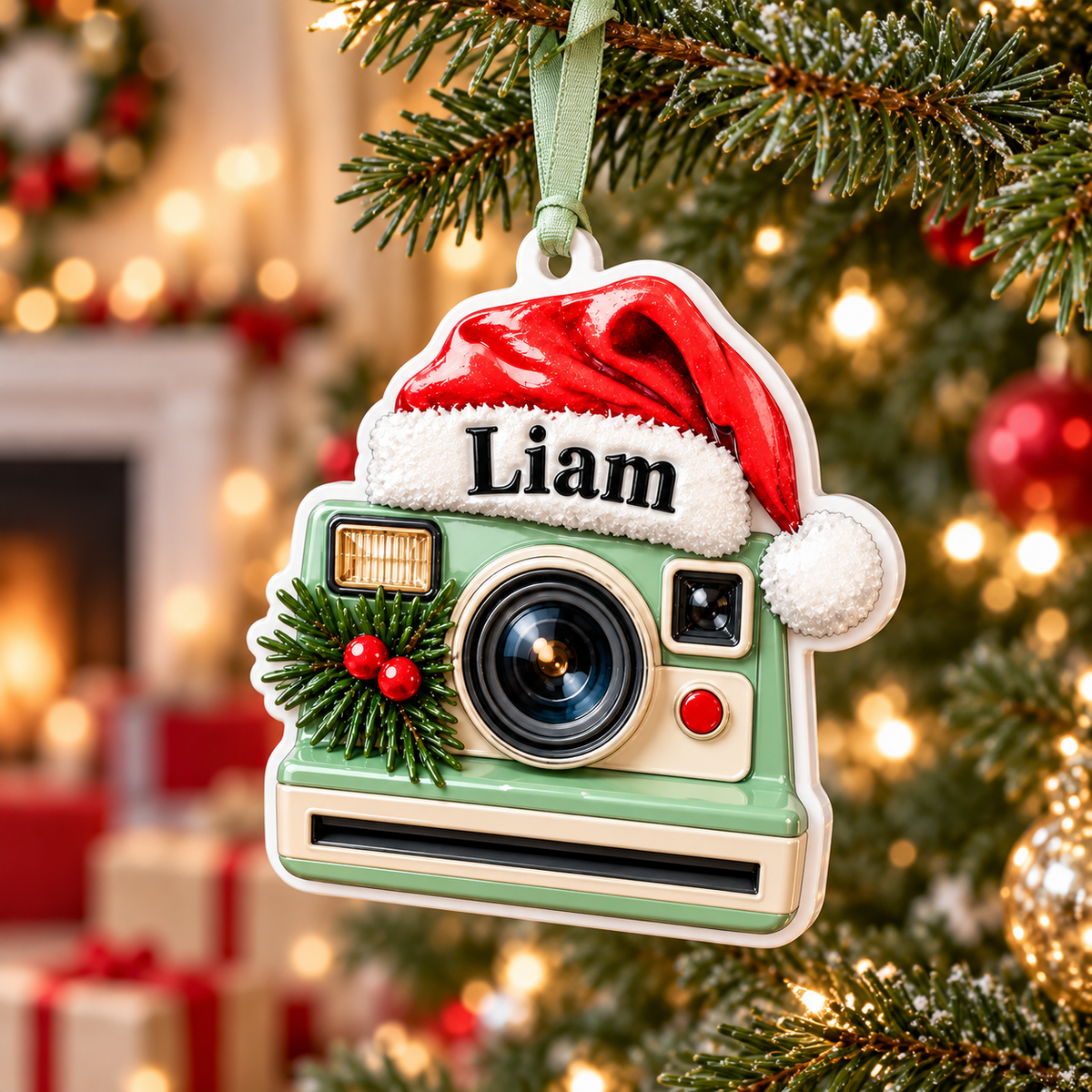 Retro Instant Camera with Santa Hat Holiday Keepsake - 3D Relief Ornament