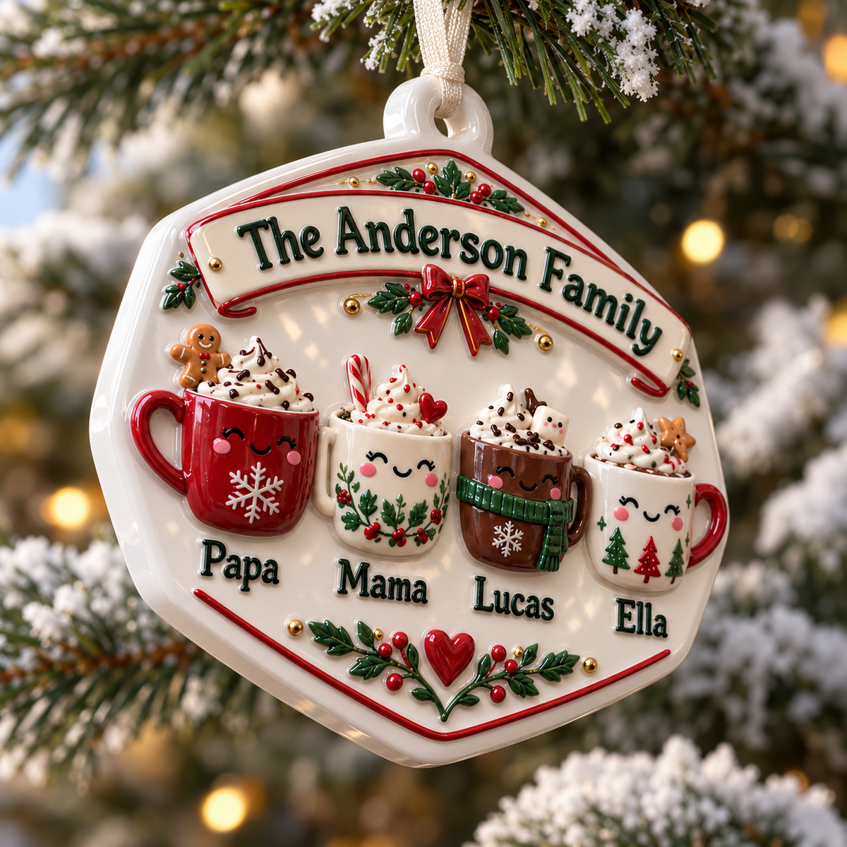 Family Hot Cocoa Mugs Ceramic Christmas Tree Holiday Keepsake Plaque - 3D Relief Ornament