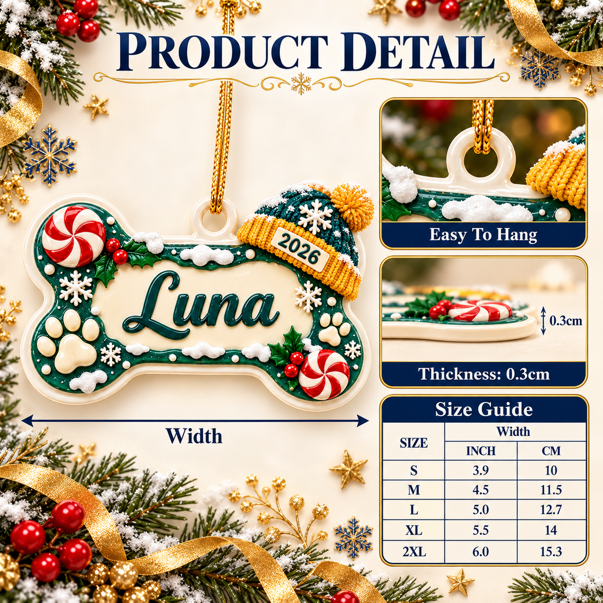 Dog Bone Holiday Keepsake with Knit Beanie Hat and Peppermint Details - 3D Relief Ornament