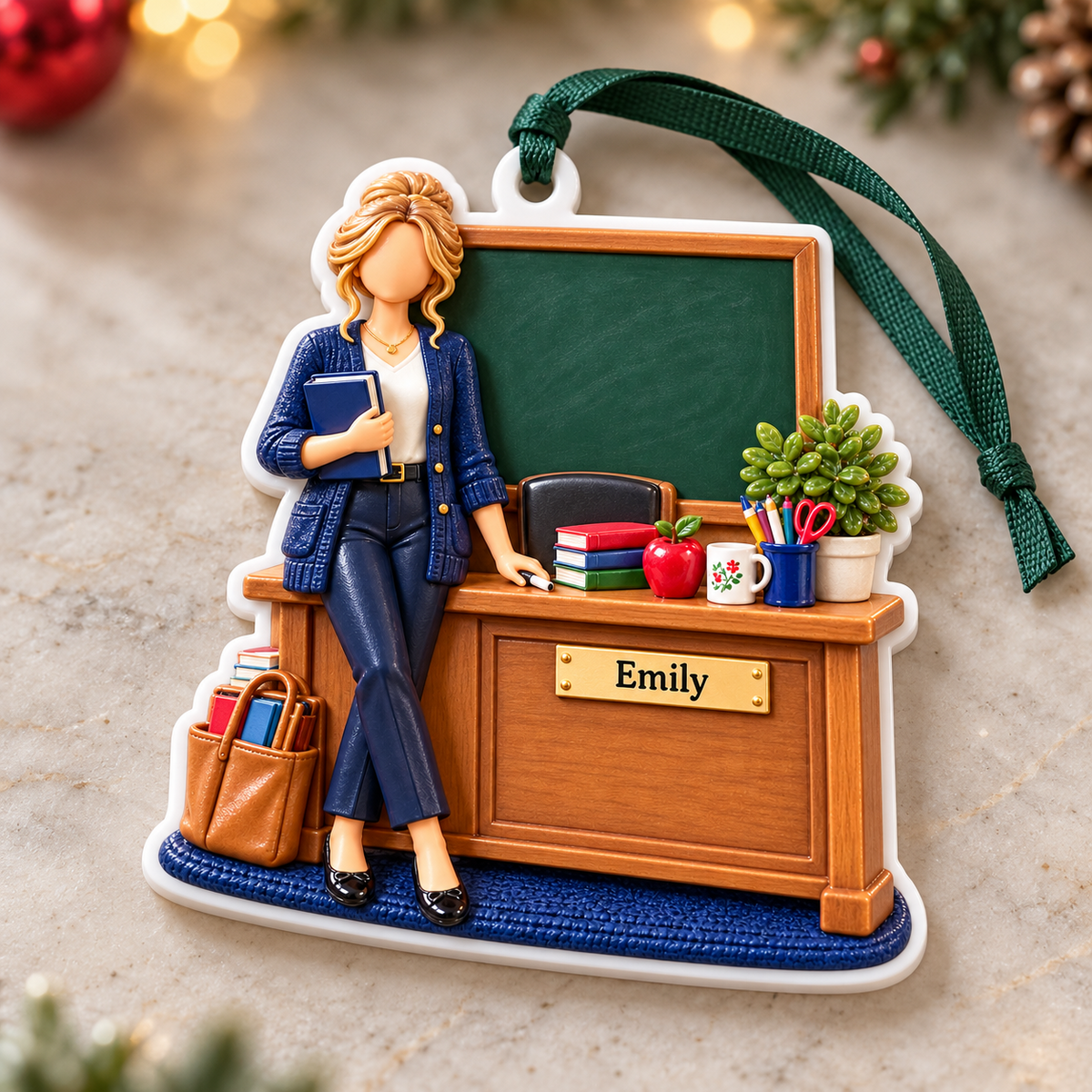 Female Teacher at Classroom Desk with Blackboard and Books Holiday Decor - 3D Relief Ornament