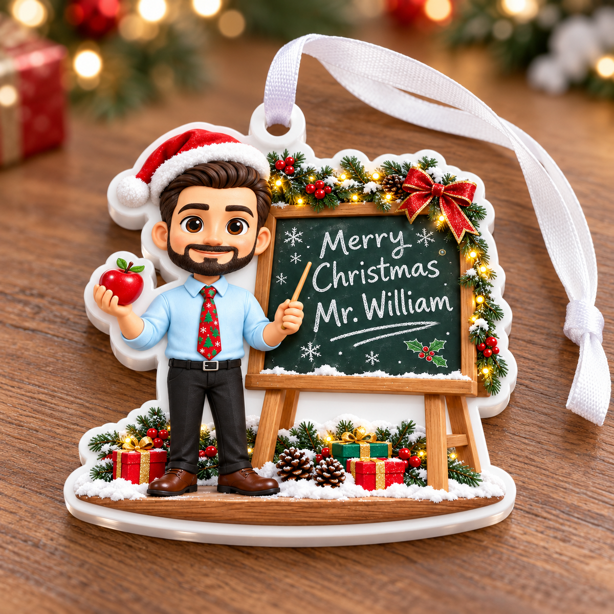 Male Teacher Chalkboard Holiday Acrylic Hanging Decoration - 3D Relief Ornament