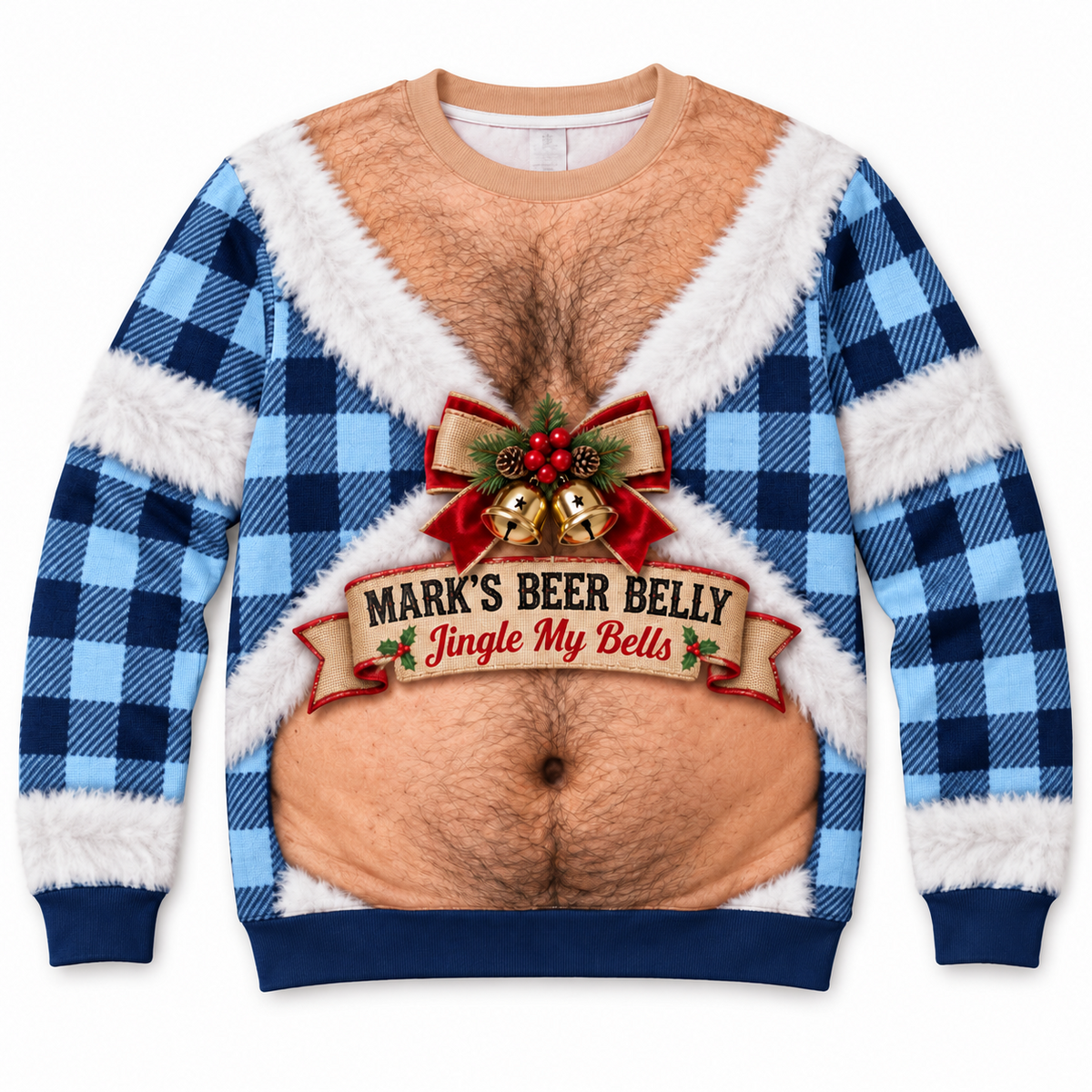 Funny Christmas Sweatshirt Hairy Chest Beer Belly Plaid Pullover