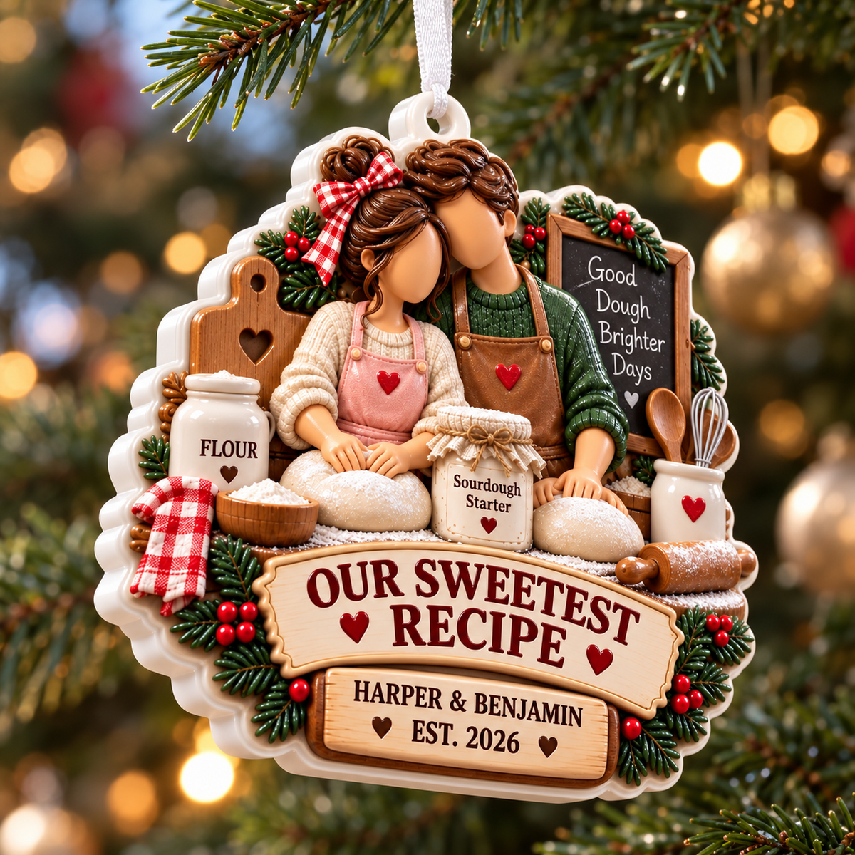 Baking Couple Holiday Keepsake with Sourdough Bread Kitchen Motif - 3D Relief Ornament