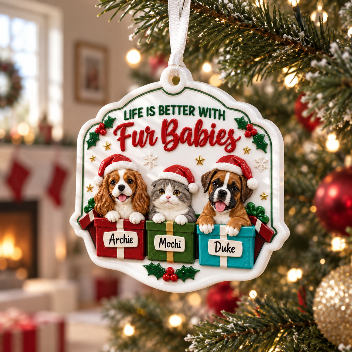 Pet Christmas Tree Hanging Plaque with Dogs, Cat in Santa Hats, Holiday Gift Boxes - 3D Relief Ornament