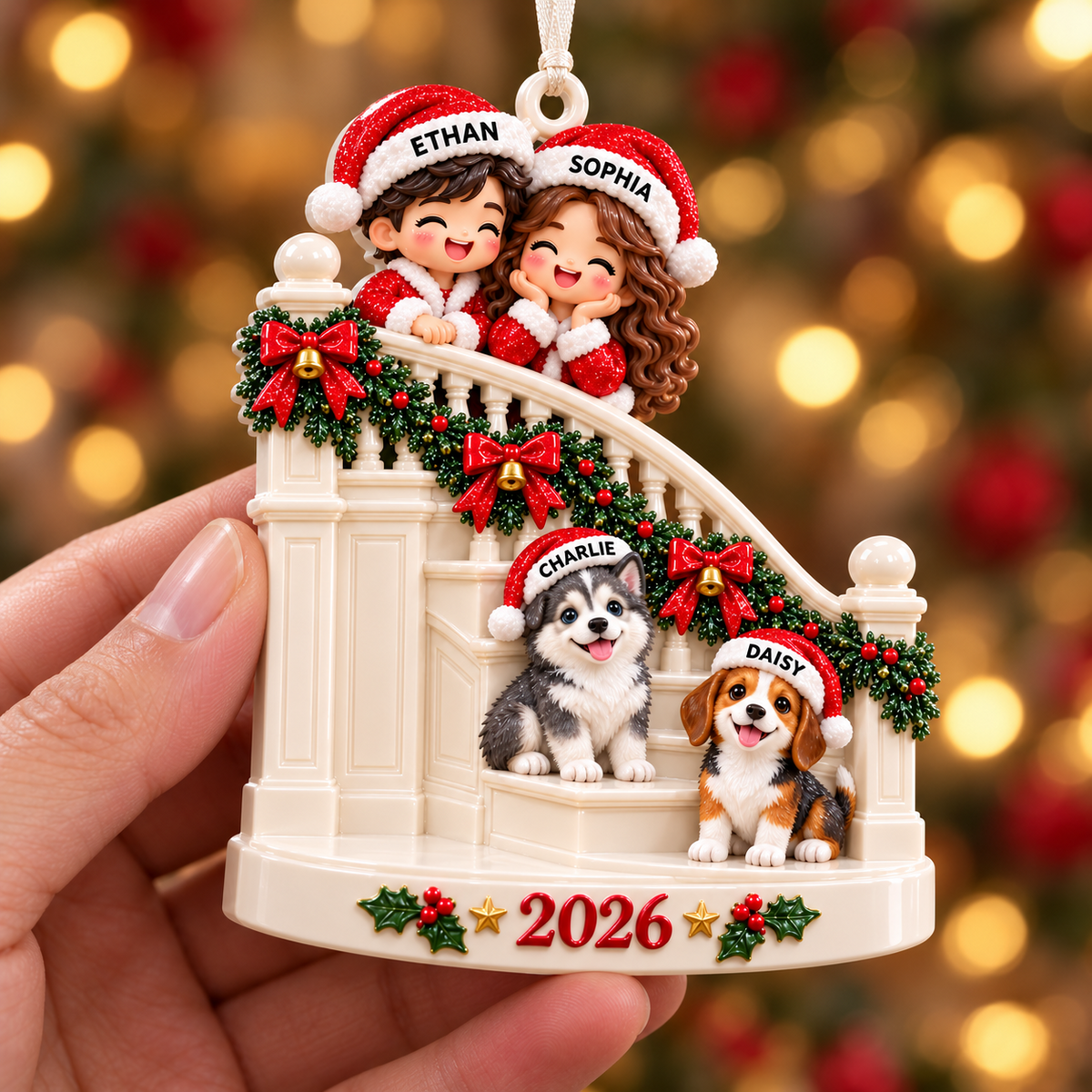 Family Couple with Two Dogs on Christmas Staircase Holiday Keepsake - 3D Relief Ornament