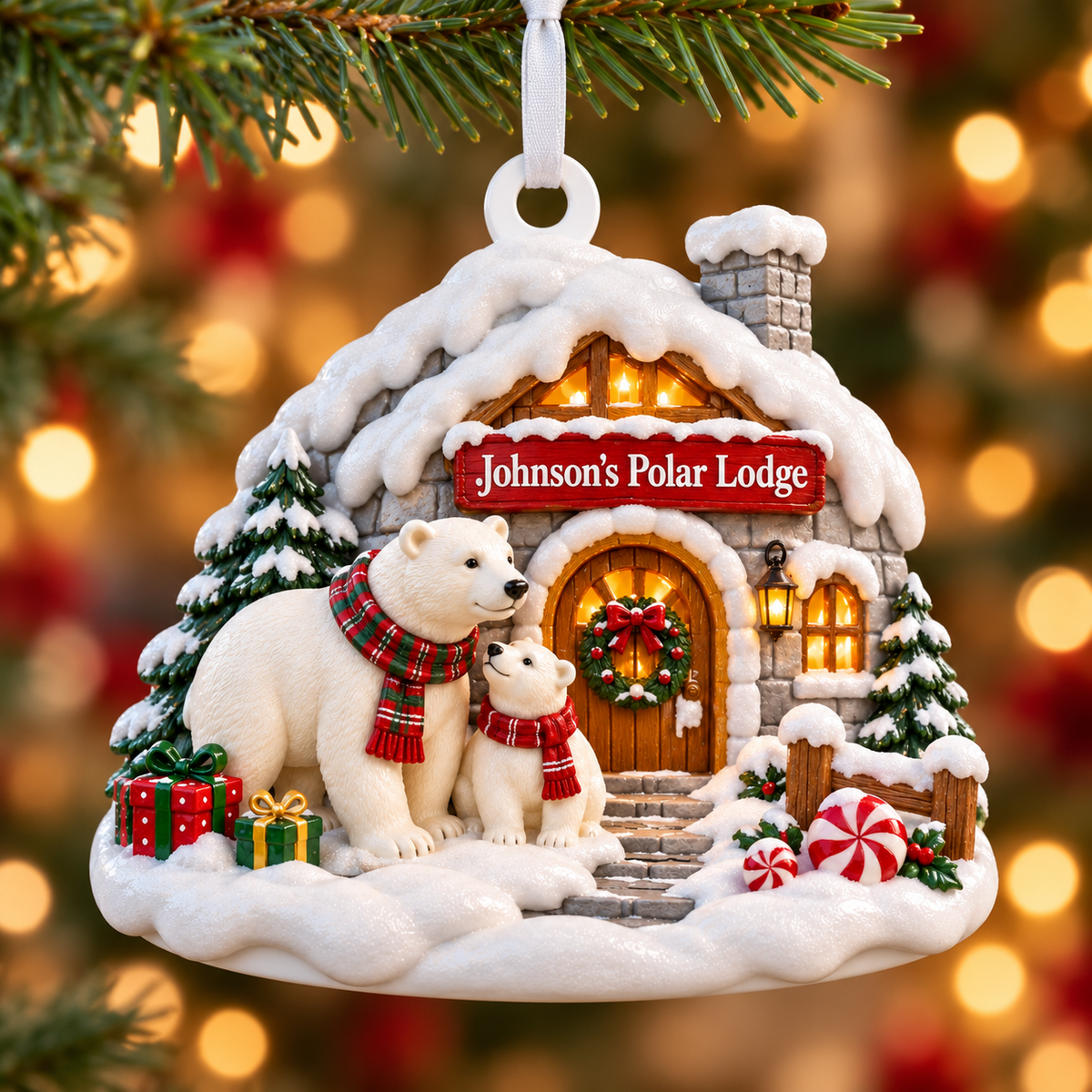Snowy Cabin Polar Bear Family Christmas Tree Decor - 3D Relief Ornament