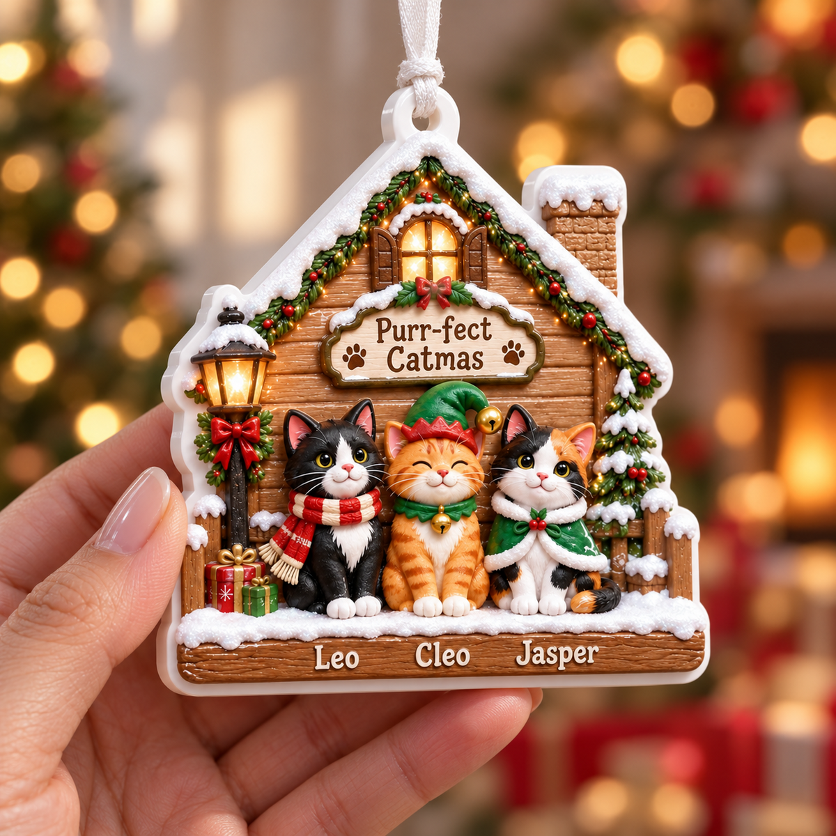 Cat Christmas Cabin Porch Holiday Keepsake Wooden Winter House - 3D Relief Ornament