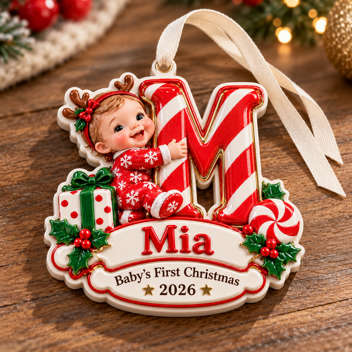 Baby First Christmas Initial Letter M Keepsake with Candy Cane Stripe - 3D Relief Ornament