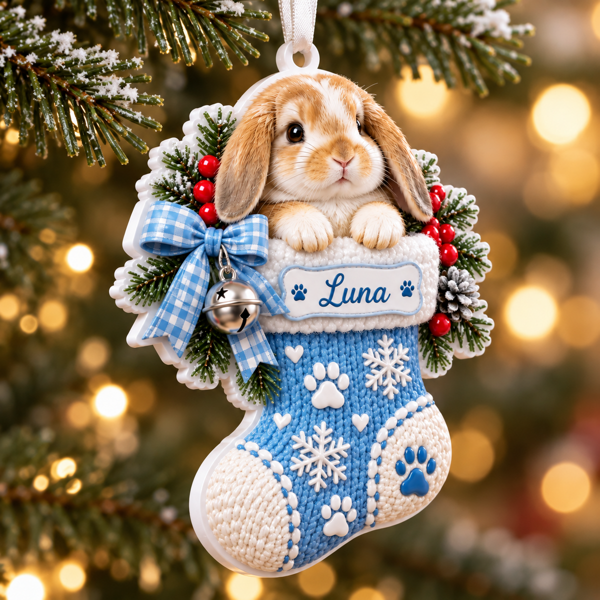 Lop Eared Bunny in Knitted Christmas Stocking Acrylic Holiday Decor - 3D Relief Ornament