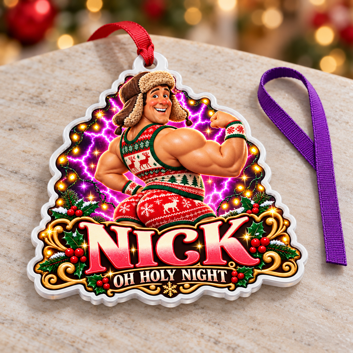 Humorous Muscular Man in Holiday Romper Acrylic Tree Hanging - 3D Relief Ornament
