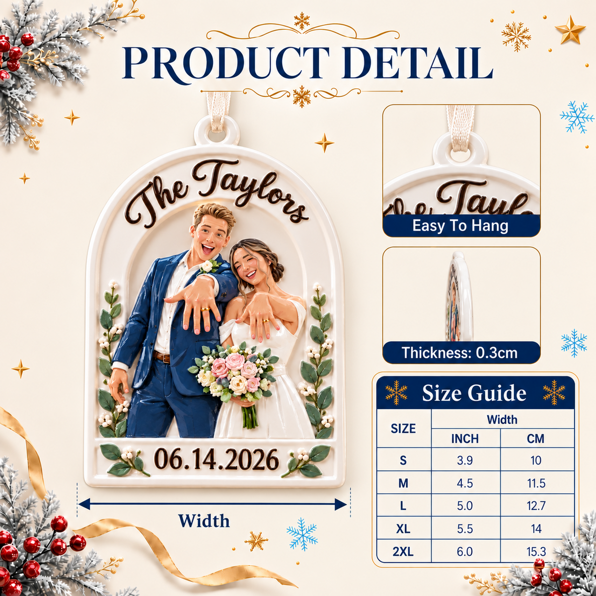 Newlywed Wedding Couple Arch Hanging Keepsake with Ribbon - 3D Relief Ornament