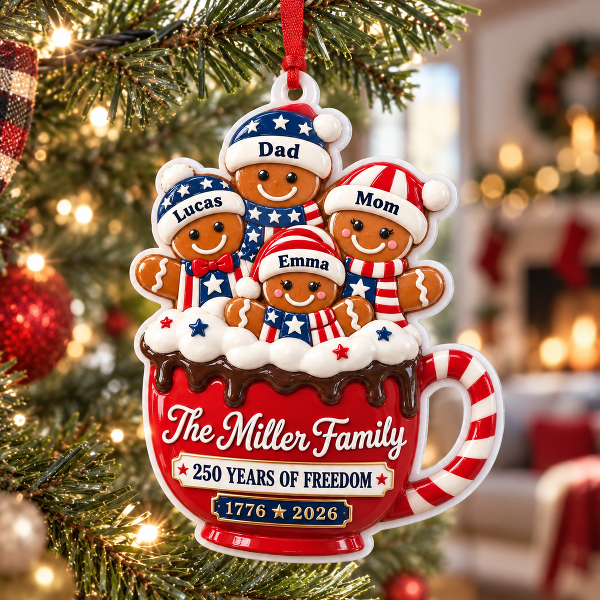 Patriotic Hot Cocoa Mug 250 Years of Freedom Holiday Tree Hanging Decor - 3D Relief Ornament