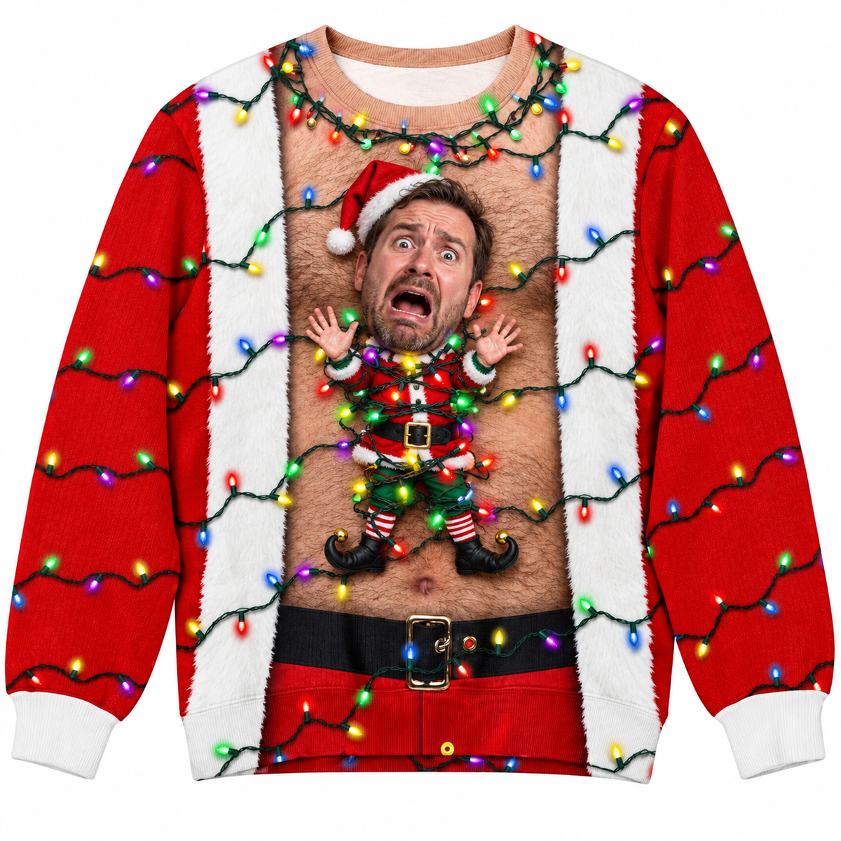 Ugly Christmas Sweatshirt with Hairy Chest and Holiday Elf Graphic