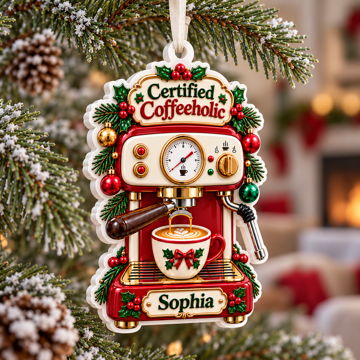 Espresso Machine Certified Coffeeholic Holiday Hanging Decor - 3D Relief Ornament
