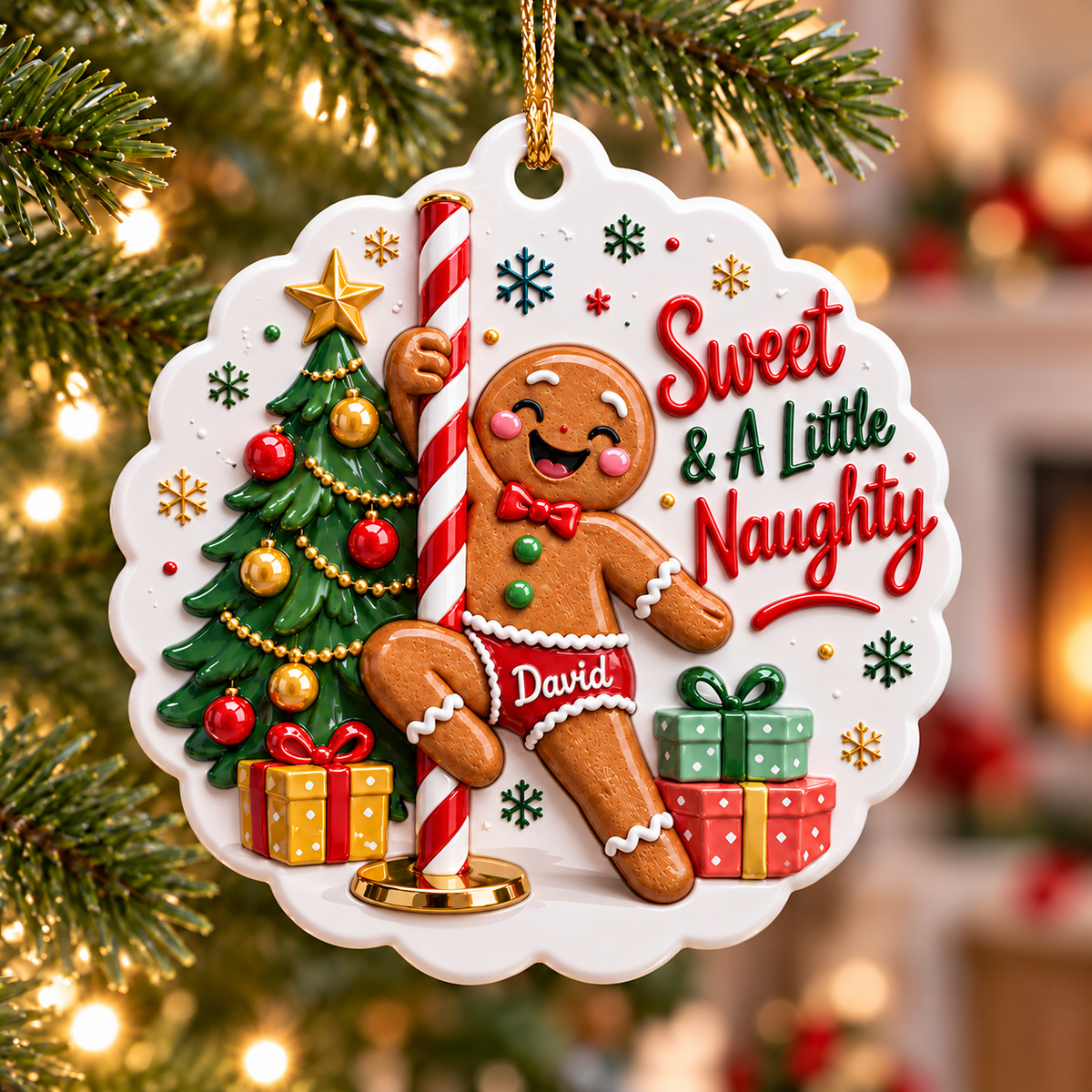 Pole Dancing Gingerbread Man Holiday Acrylic Medallion - 3D Relief Ornament