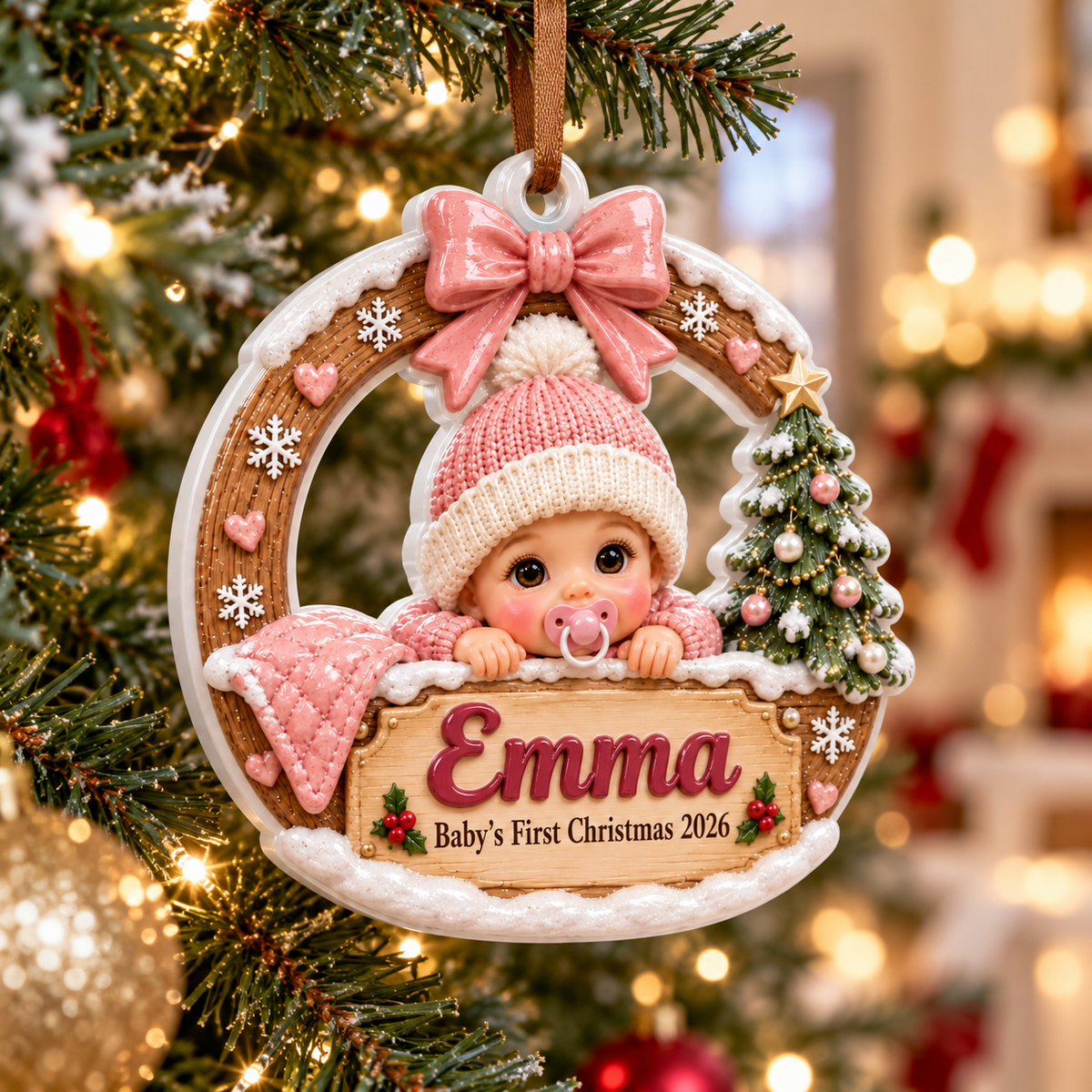 Baby Girl First Christmas Wreath with Pink Knit Beanie and Tree - 3D Relief Ornament