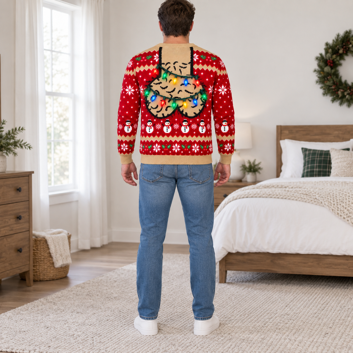 Funny Christmas Sweatshirt with Hairy Jingle Balls String Lights