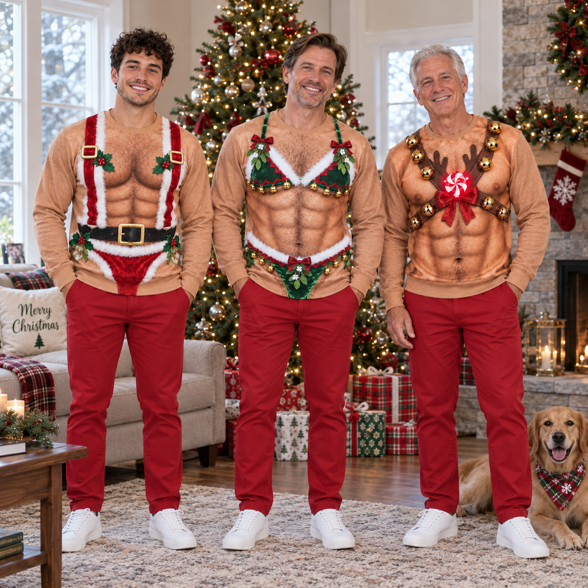 Hairy Chest Christmas Sweatshirt Fake Abs Novelty Holiday Pullover