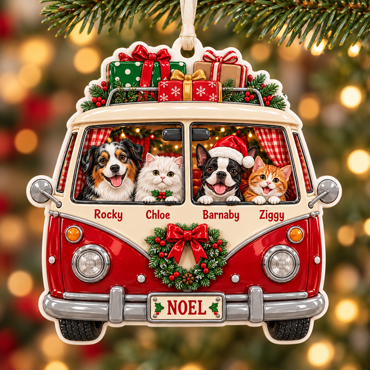 Christmas Camper Van with Dogs and Cats Holiday Hanging Keepsake - 3D Relief Ornament